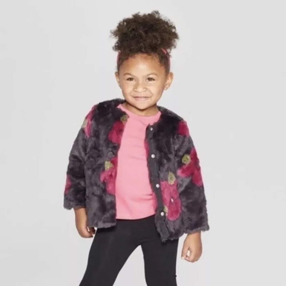GENUINE KIDS from OSHKOSH faux fur ebony floral coat NWOT